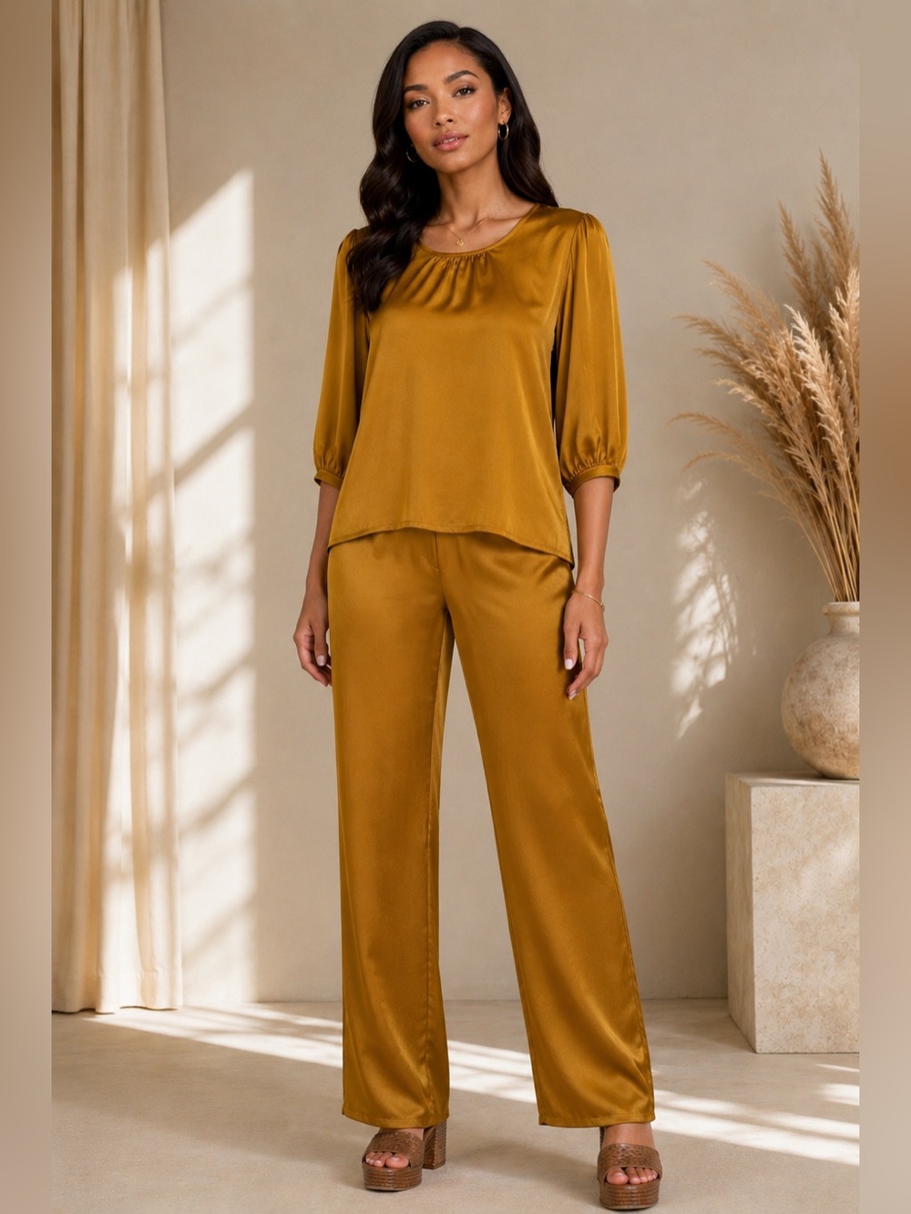 Bryn Walker Satin Wide-Leg Pants in Quinquina/ Rust S